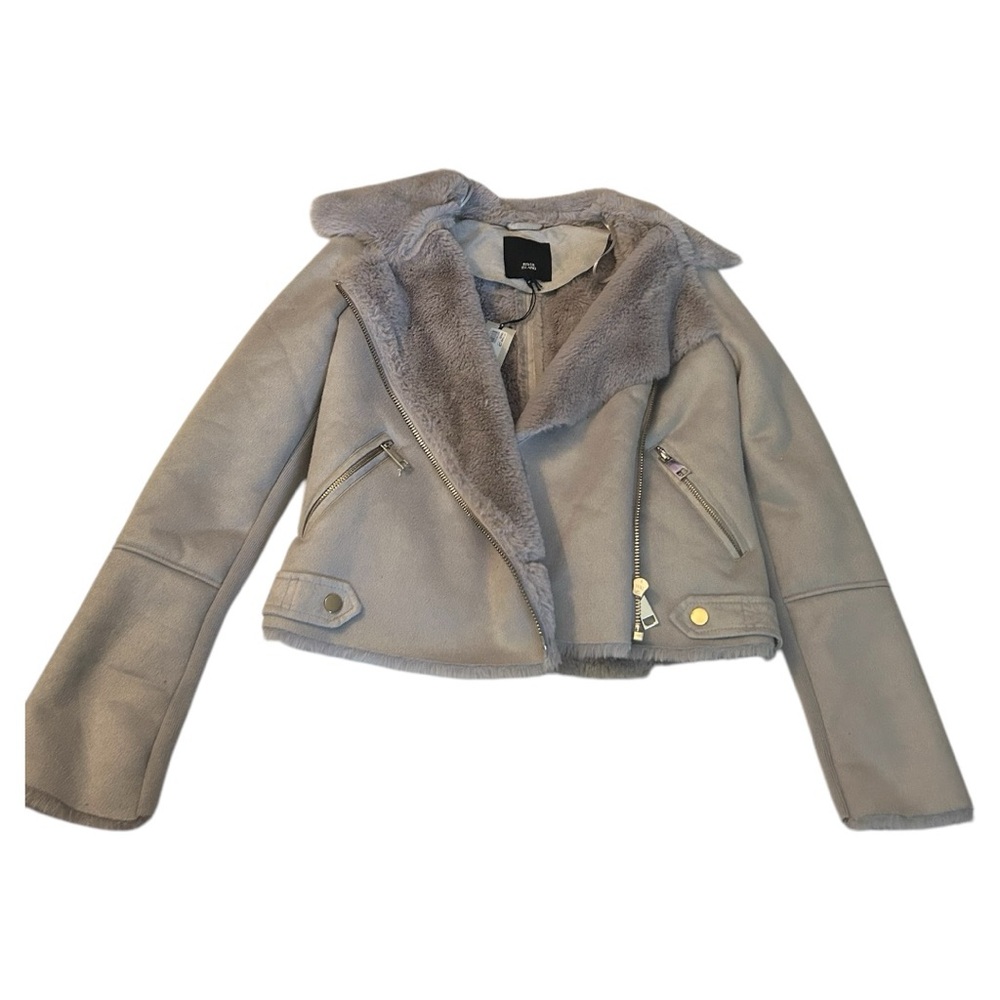 River Island NWT gray lavender fuzzy faux fur motto jacket